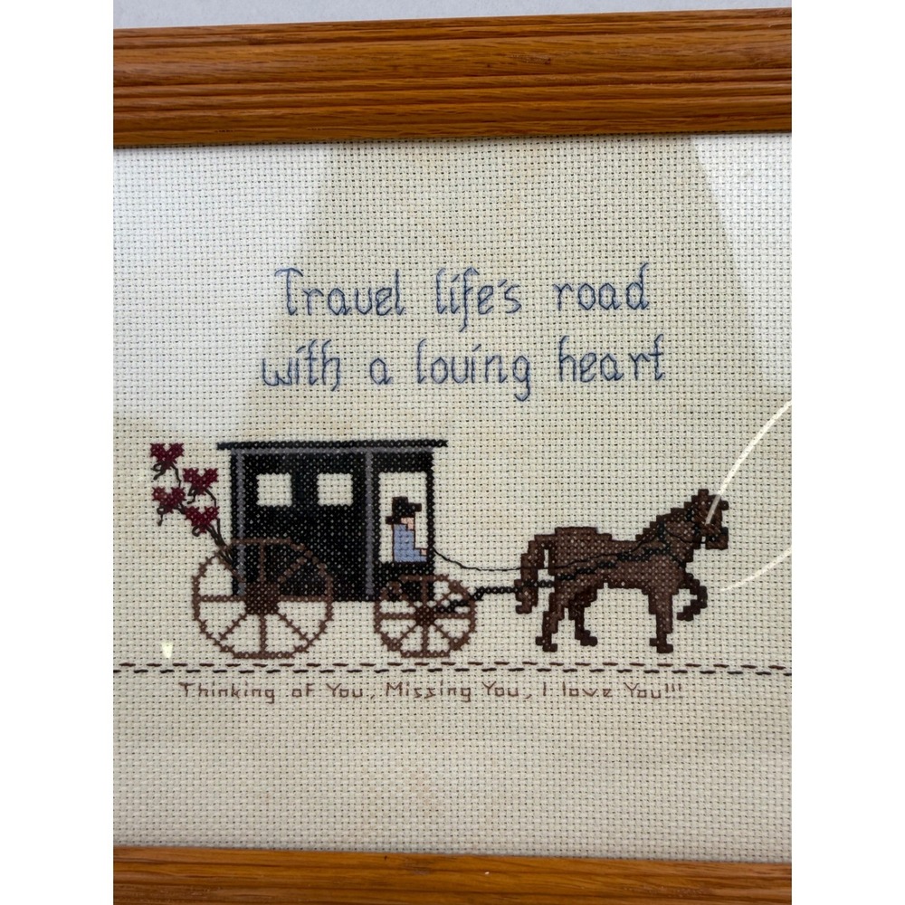 Vintage Granny Cottage Country Framed Cross Stitch Horse Carriage Wall Art Oak - Picture 2 of 8